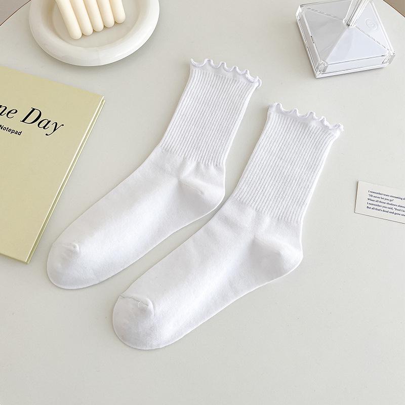 Lace Wood Ear Socks with White Vertical Stripes - Trendy Mid-Calf Roll Edge JK Socks for Spring/Summer