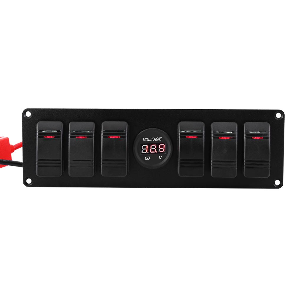 6 Gang Red LED Rocker Switch Panel with Voltmeter for Car RV Boat Yacht Marine 12V-24V