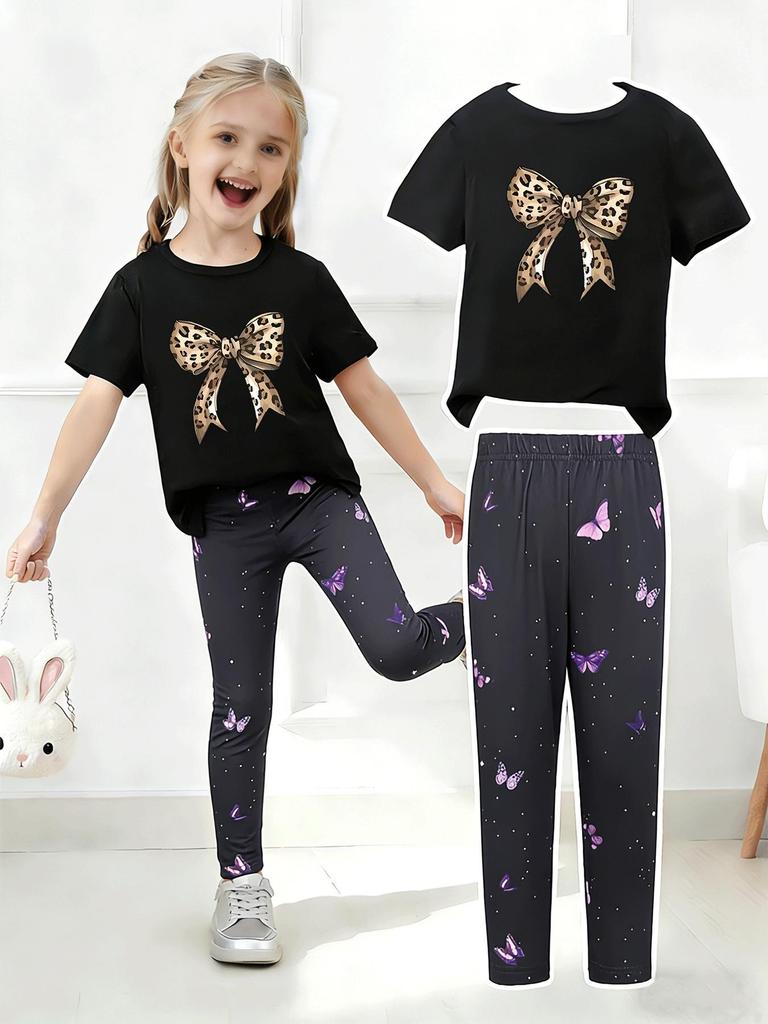 Girls' Summer Casual Short-Sleeve Long Pants Set - European & American Print