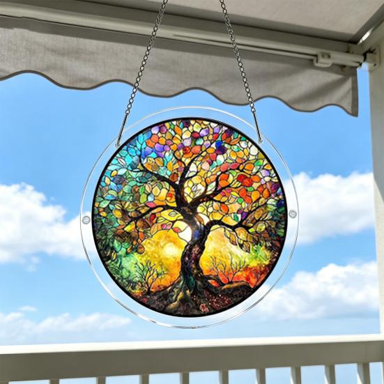 Acryl Puzzlesonnensammler, Lebensbaum/Blumen im Buntglas-Stil Fensterhänge-Dekoration, DIY Sonnensammler-Set für Zuhause, Garten