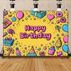 2D Yellow Happy Birthday Backdrop, Cartoon Party Doodles & Gifts Photo Background