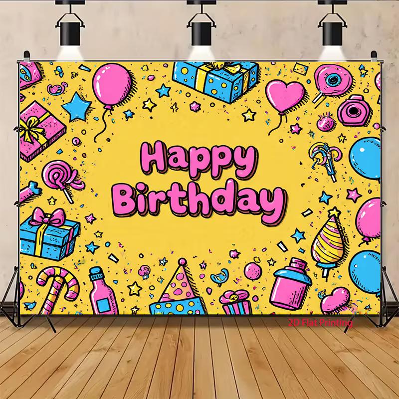 2D Yellow Happy Birthday Backdrop, Cartoon Party Doodles & Gifts Photo Background
