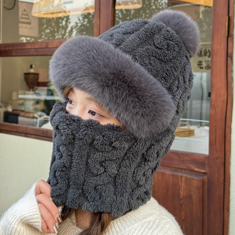 Winter Windproof Cap Outdoor Cycling Velvet Warm Ear Protection Headgear Hat Cold-proof Scarf Integrated Hairball Cap