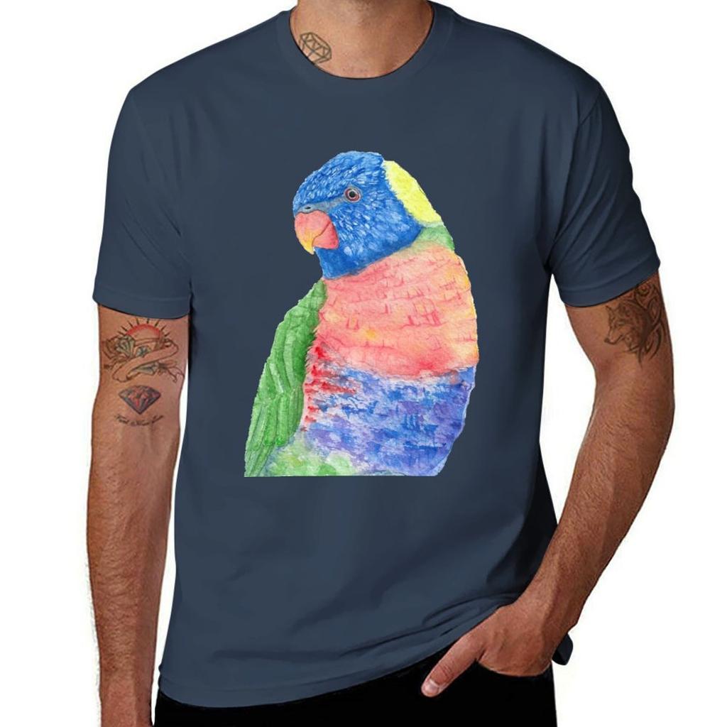 Watercolor Rainbow Lorikeet Parrot Watercolor Portrait Tshirt Work Wear Short Sleeve Tshirt