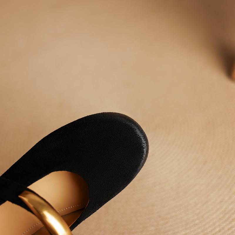 Fashion Women's new leather cow suede metal accessory belt buckle round toe low heel Mary Jane shoes fashionable casual single shoes