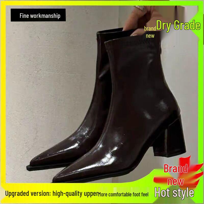 Women's Black Patent Leather Pointed Toe Ankle Boots with Chunky Heel and Back Zipper - New for Autumn/Winter 2025, High-End Martin Style.