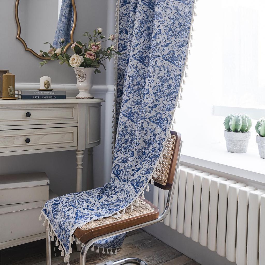 Imanqi Yun Blue Butterfly Jacquard Tassel Semi-Blackout Curtains for Kitchen or Bay Window