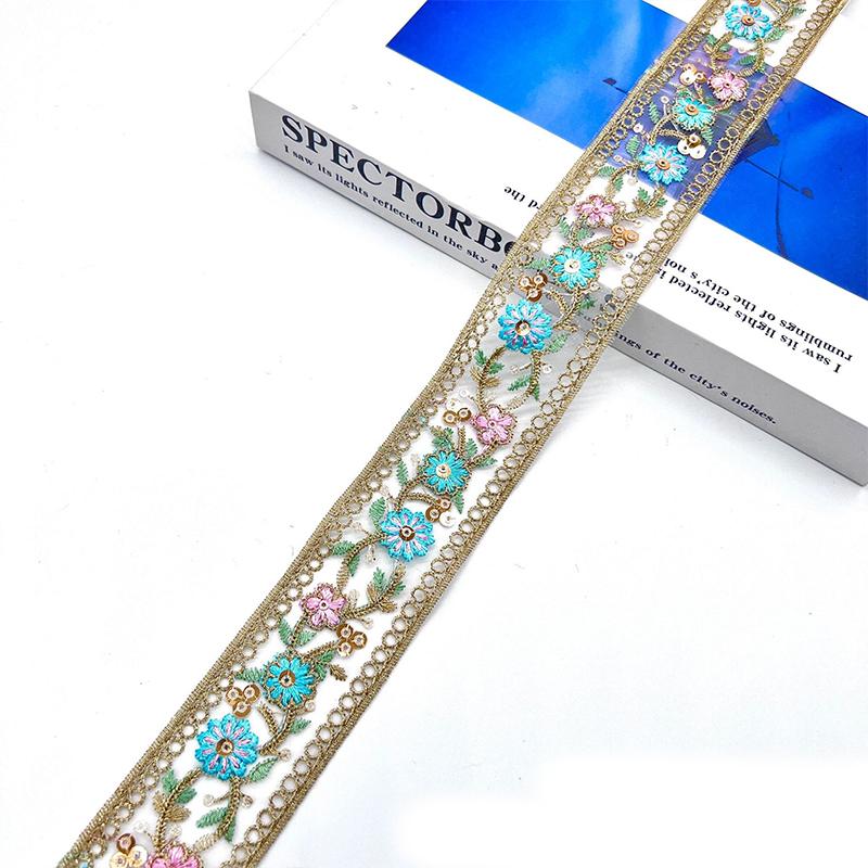 5yards 4cm Embroidered Flower Ribbon, Ethnic Lace Trimming for DIY Sewing Clothes, Bag Accessories Curtain/Tablecloth Decor