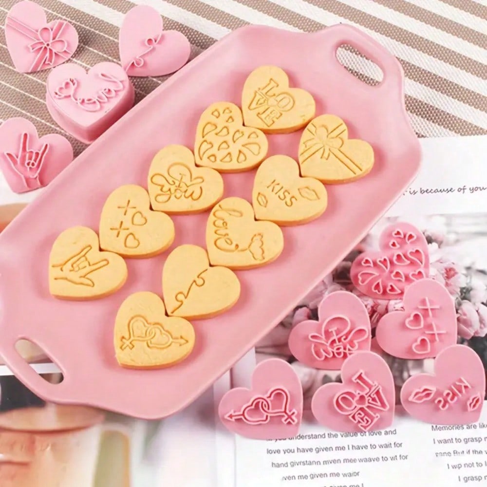 Valentine's Day Heart Cookie Cutters 3D Embosser Set for DIY Cartoon Biscuit Molds Pressable Cookie Stamps Pastry Bakeware
