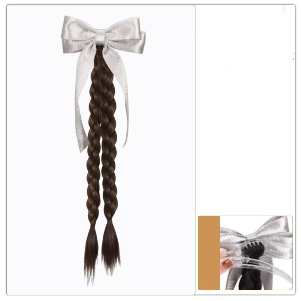 

Synthetic Ponytails Women Wig French Silver White Bow Ribbon Double Braid Clip-in Wigs