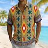 Men's Ethnic Diamond Geometric Print Short Sleeve Shirt, Spring Summer Casual Vacation Turn-Down Collar Blouse, Loose Fit Top