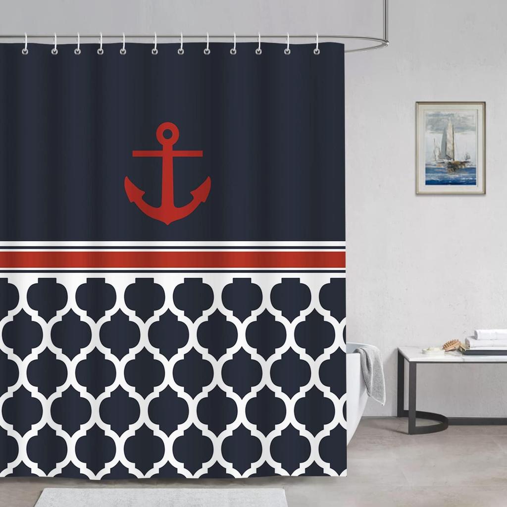 Nautical Anchor Shower Curtain, Navy Blue Strip Geometric Bathroom Curtain Polyester Fabric Waterproof Bath Curtain