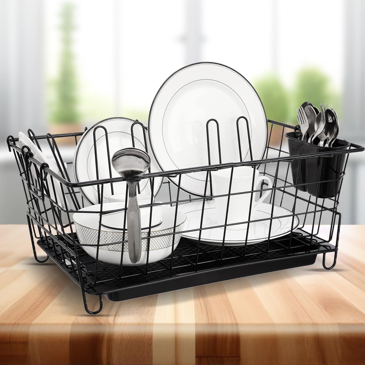 

Luxe Steel Dish Drainer with Drain Tray | 3 Pc Cutting Board & Glass/Lid Holder | Utensil Drying Kitchen Basket