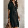 Women Button Down Shirt Dress Short Sleeve Casual Solid Color Loose Fit Midi Dress