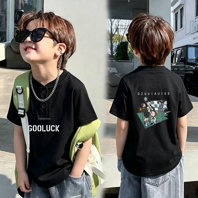 Korean Style Boys' Short-Sleeve Henley Collar T-Shirt, Loose Pure Cotton, Summer New Arrival Trendy Base Layer for Middle and Older Children