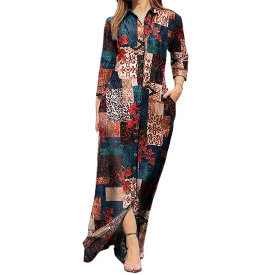 Maxikleid Umlegekragen Langarm Taschen Vintage Blumendruck Einreiher