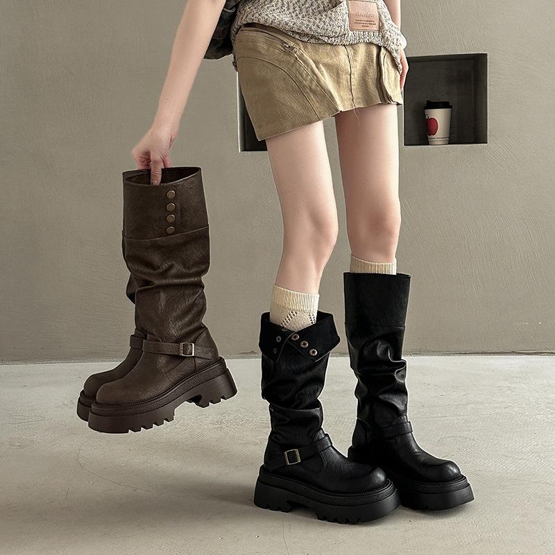 Retro britisk stil sammenleggbare plattformstøvletter med tykk hæl høst og vinter mote slankende kvinners designfølelse ridestøvletter