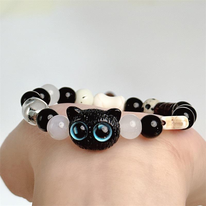 Cute Black Cat Beaded Bracelet For Women Men Black White Beads Cartoon Animal Couple Bracelet Trendy Jewelry Lovers Gift