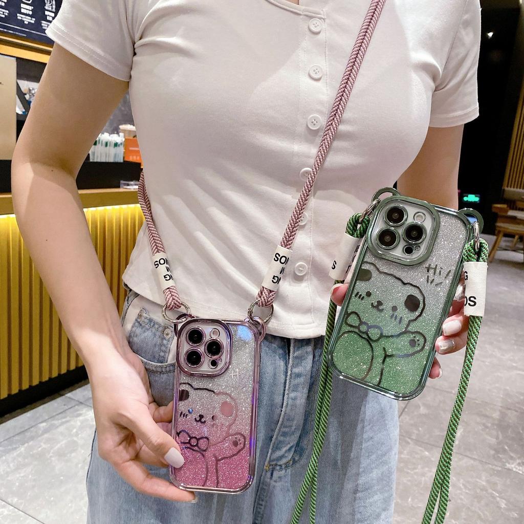 Crossbody Compatible iPhone 14 Case Apple 15 Cute Bear Electroplated Glitter 16 Full Coverage 13 Lanyard Phone Case