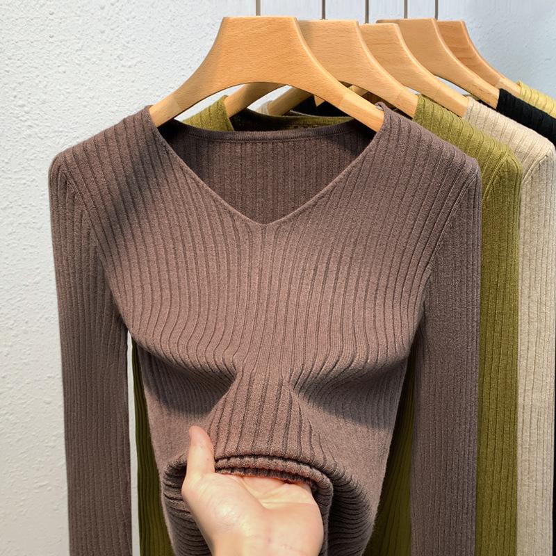 Bottom Shirt Women's New Women's Clothing Temperament V-neck Solid Color Pullover Sweater Thin Inner Waist Top