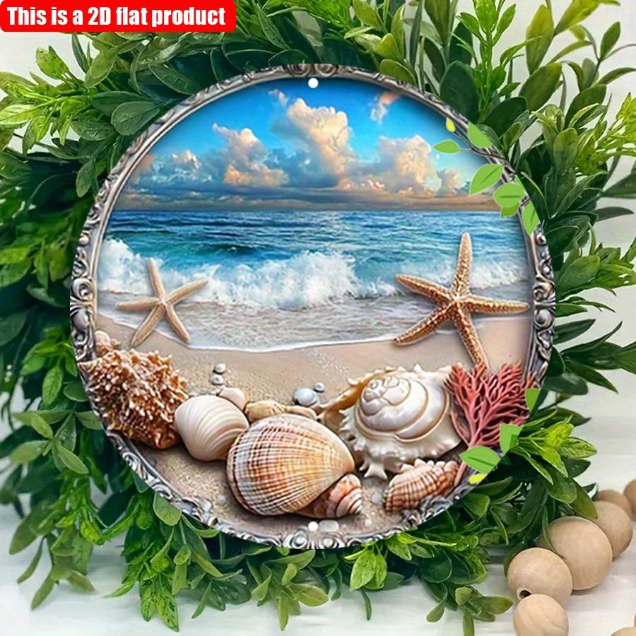 2D flach 20*20cm 1Stk. Küstenatmosphäre Strandmuschel&Seesternmuster runde Wandkunst Dekor, Wellen&Blauer Himmel Landschaft Holzanhänger, modern rustikal