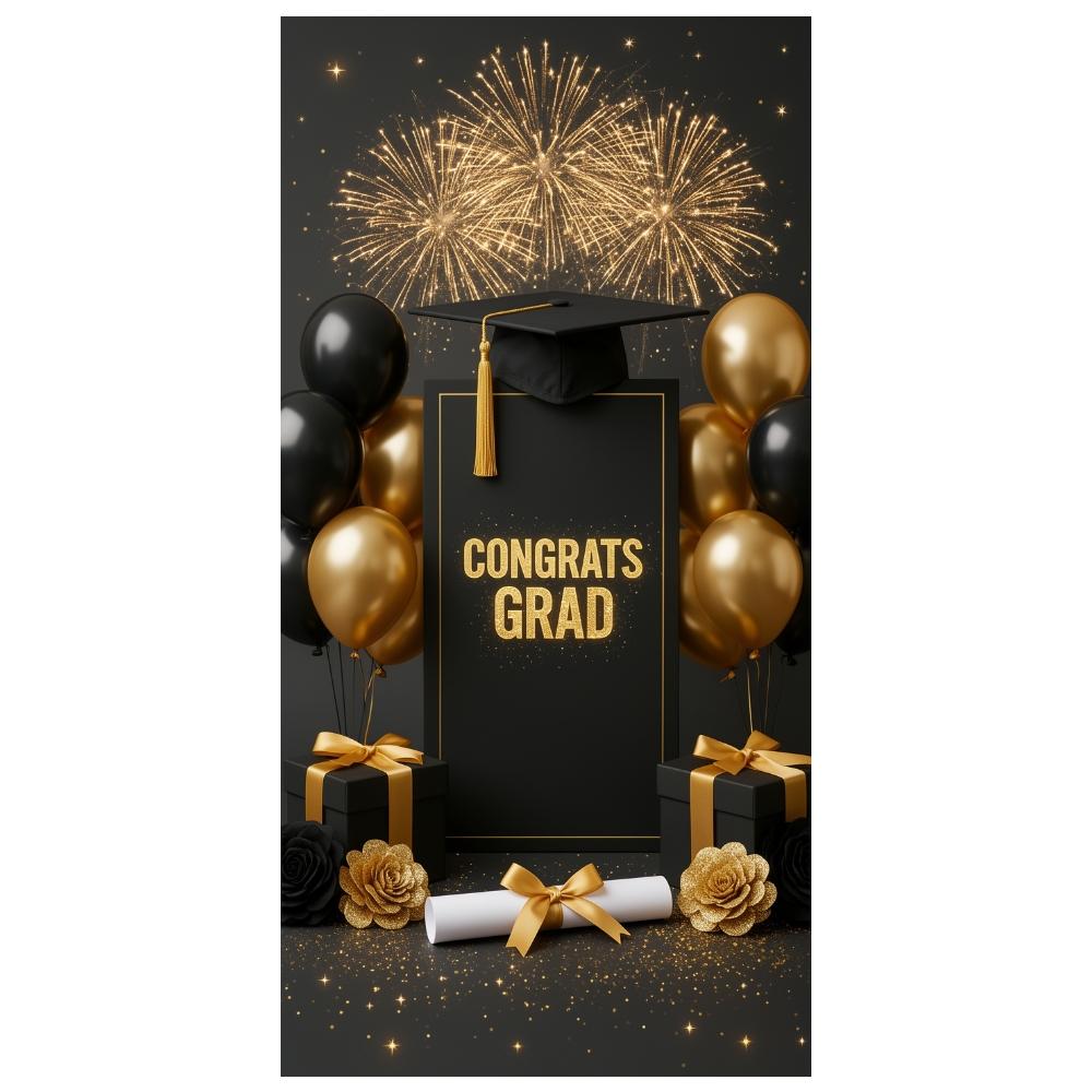 Graduation Background Black Gold Balloons Grad Party Banner Congrats Grad Background Glittery Gold Lettering For Graduation
