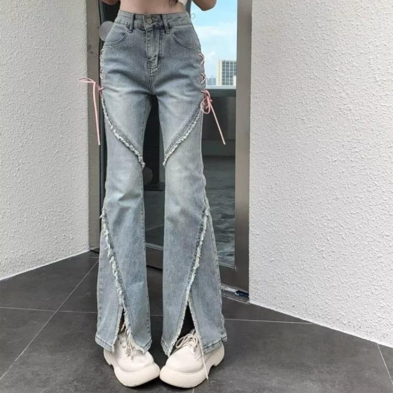 Women's High-Waist Strappy Flared Jeans - Autumn New Slim Fit with Elastic Split