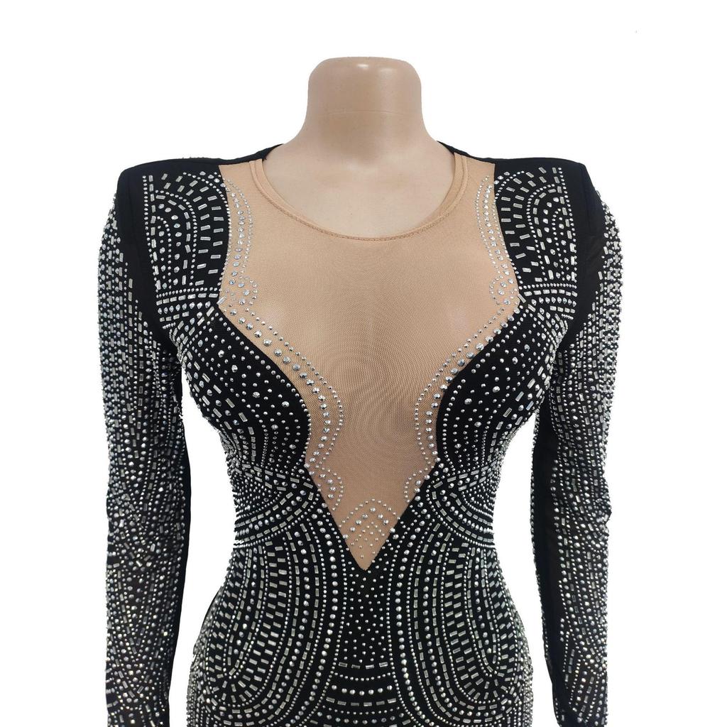 C6185 Europäische und amerikanische Mode Damen V-Ausschnitt Langarmkleid mit einfarbigem und heißem Diamantnetz