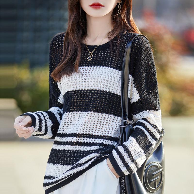 Spring and Summer Women's Long Sleeve Hollow Knitted Sweater Round Neck Loose Air-conditioned Shirt Thin Pullover Cover Shirt