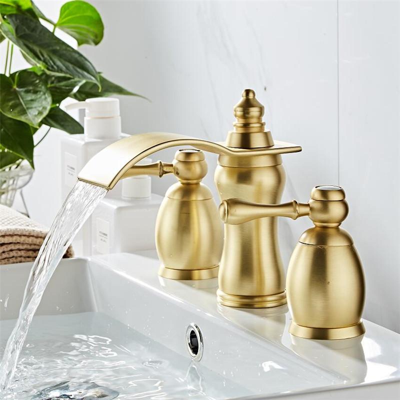 Tuqiu Brushed Gold Bathroom Basin Faucet Hot Cold Rose Gold lWater Faucet Widespread Sink Mixers Tap Deck Mount Wash Tub Fauctes
