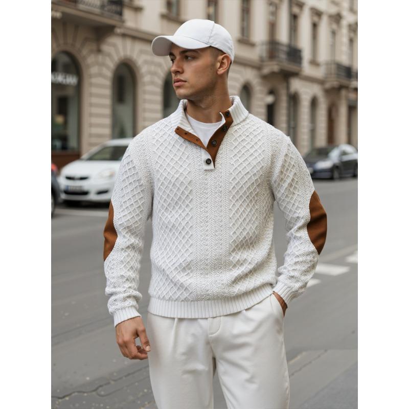 Men Jacquard Knit Loose Long Sleeve Pullover Casual Henley Shirt S