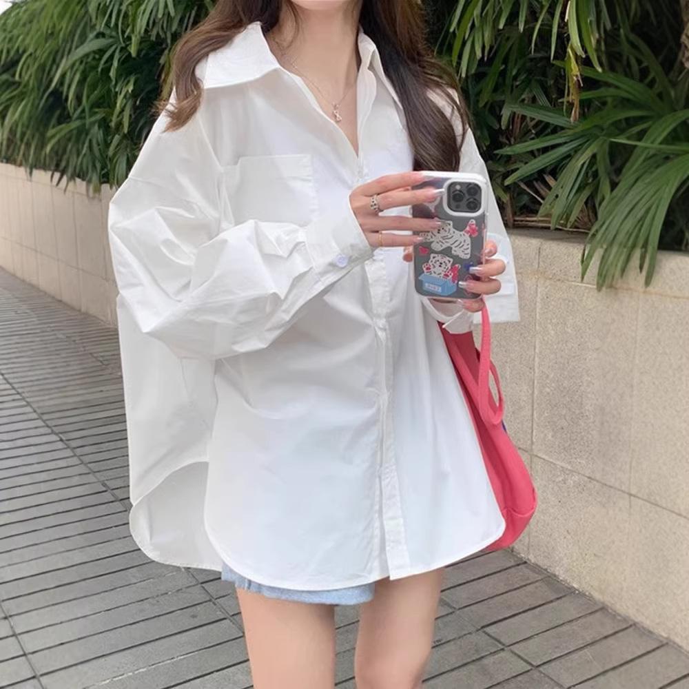 Women's High-End White Loose-Fit Shirt Jacket - Spring/Autumn 2026, Sun Protection Design