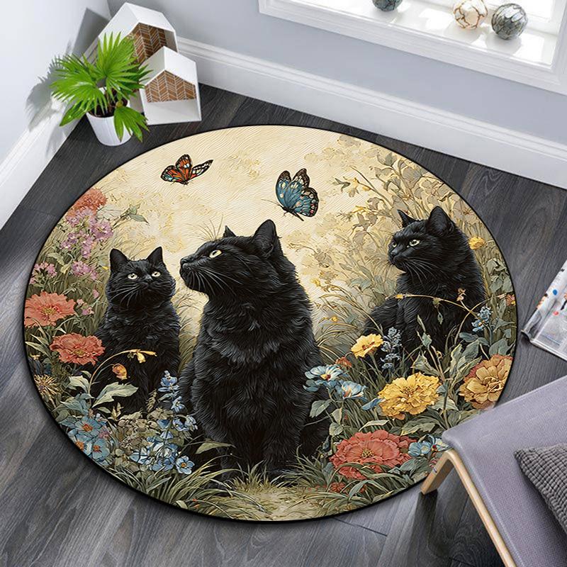 Black Cat Round Area Rug,Carpet Rug for Living Room Bedroom Sofa Playroom Decor,Non-slip Floor Mat