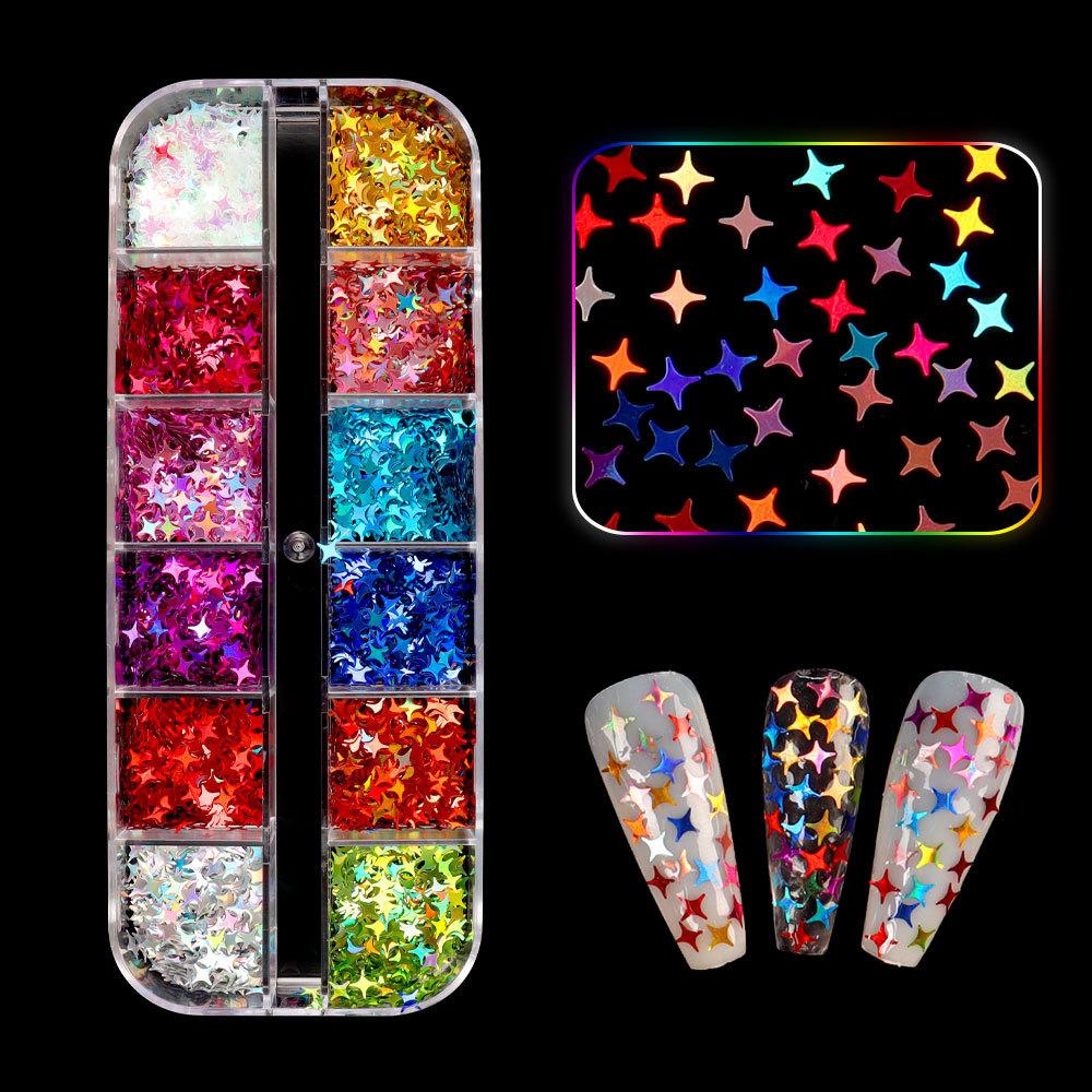 Nagelglitzer-Pailletten, 12 Gitter/Box, Zellstoff, unregelmäßige Flocken, Nagelglitzer, glänzender Laser, mehrfarbig, Nagelkunst-Dekoration
