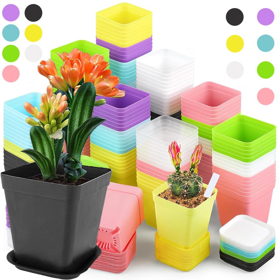 6/12pcs Colorful Square Flower Pot with Tray Offices Indoor Outdoor Decor Flower Beds Garden Nurseries Plastic Flowerpot XJM