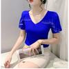 New Summer Streetwear Girl Chic Ruffled Hot Diamonds T-Shirt Fashion V-Neck Short Sleeve Mesh Tops Women's Tees Clothes Blouse