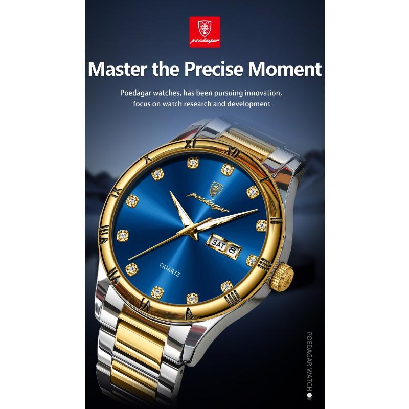 POEDAGAR Top Luxury Watch for Man Date Week Waterproof Luminous Wristwatch Quartz Stainless Steel Men's Watches Sports