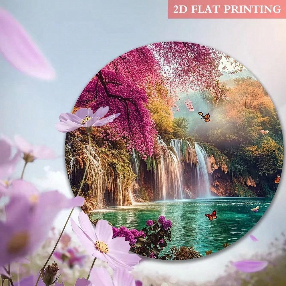 Spring Waterfall Metal Poster, Butterfly Flowers Wall Art for Living Room
