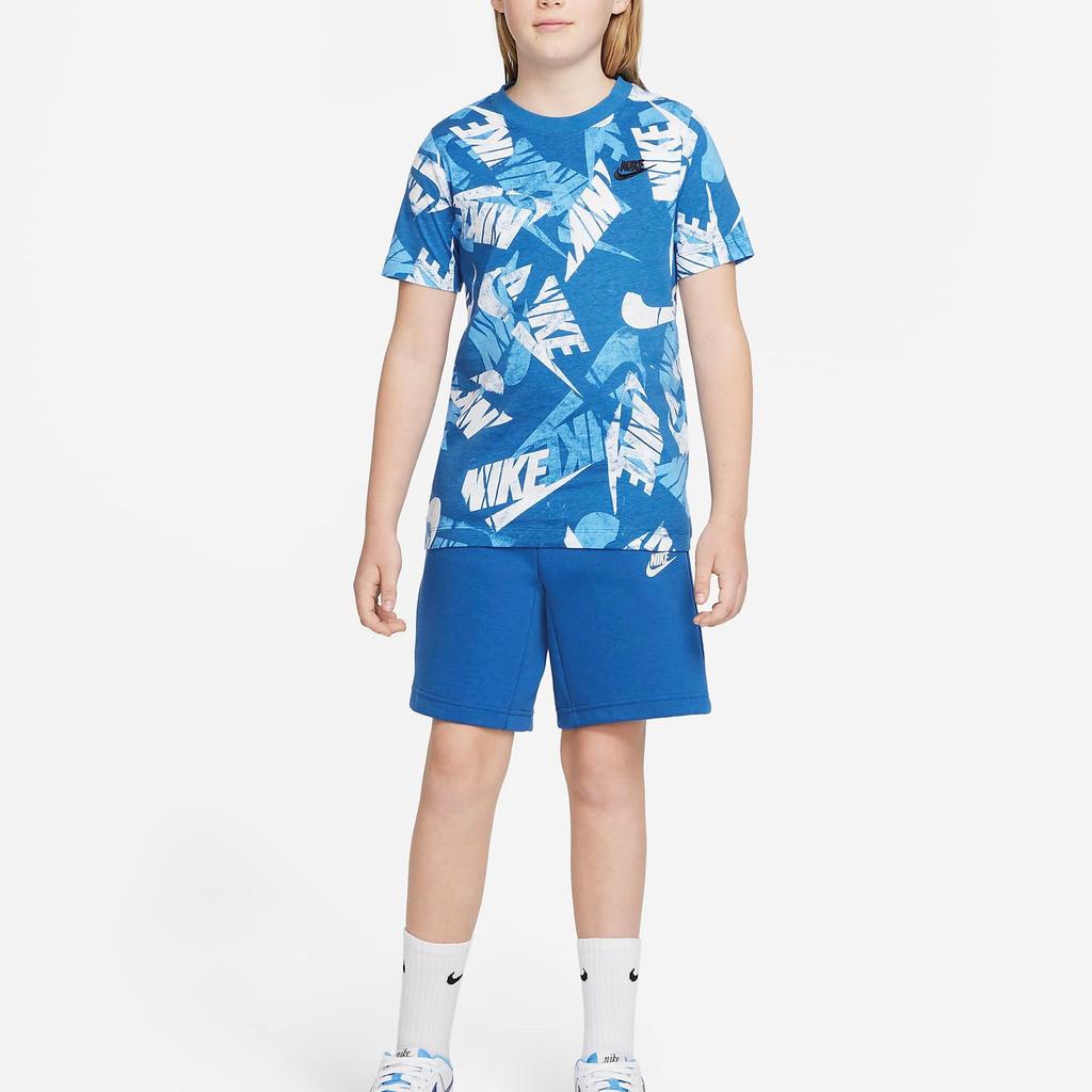 Nike Sportswear Letter Logo Pattern All Over Print Crew Neck Short Sleeve T-Shirt Kids Tops Dark-Beach-Blue DO1816-407