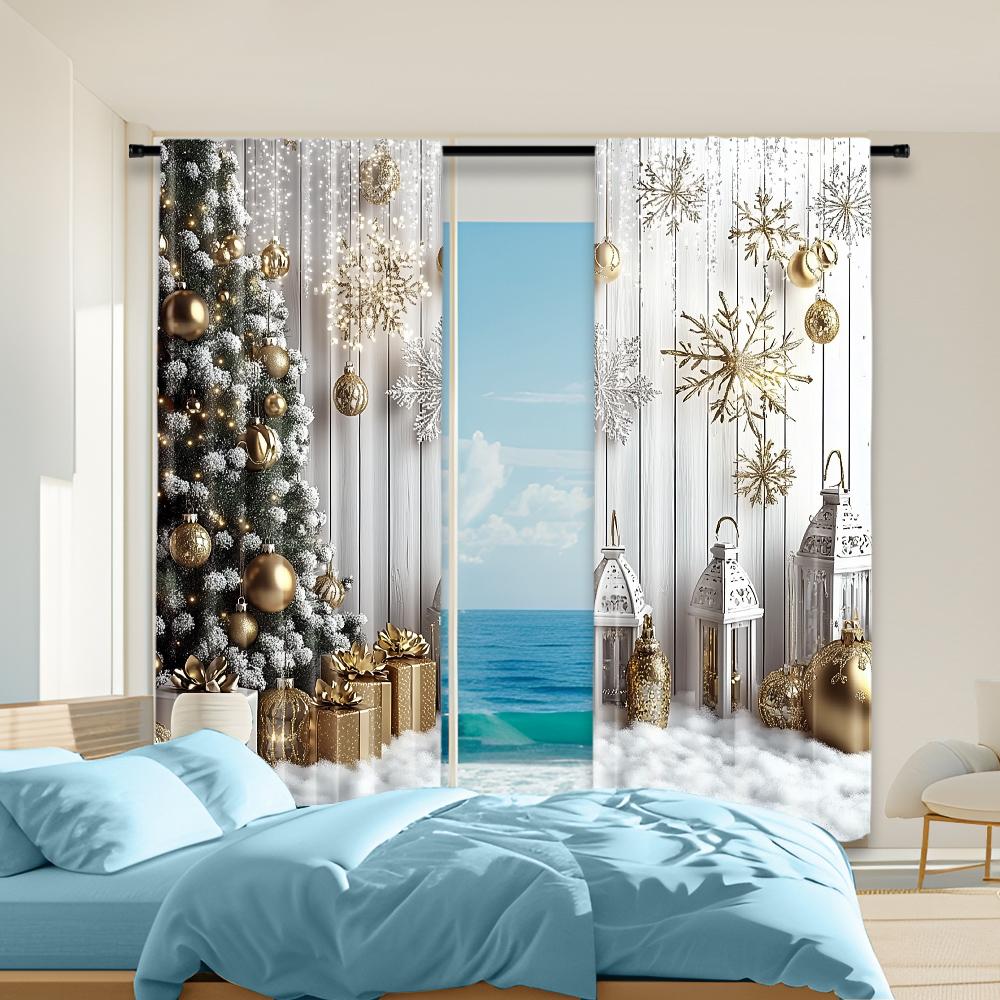 

Set Of 2 Christmas Tree Snowflake Window Curtain Polyester Material Landscapes Print Bedroom Living Room Curtains Made Treatment W100*H70(CM)-Hooks&1PCS