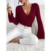 2026 New Women's Long-sleeved V-neck Flared Sleeve Wine Red T-shirt Autumn and Winter Slim-fit Base Shirt Top