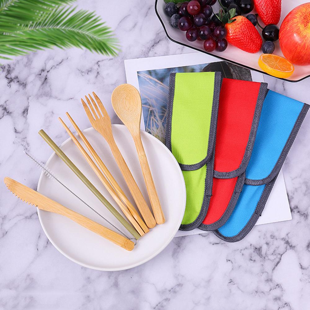 Set di Posate da Tavola Ecologico da 7 Pezzi Bambù Portatile Posate Coltello da Cena Forchetta Cucchiaio Bacchette Cannuccia con Borsa Set di Posate da Viaggio