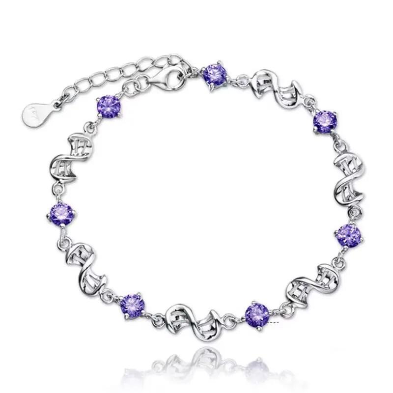 Brățări Fine din Argint Sterling 925 cu Cristal Violet Trifoi Norocos pentru Femei Accesorii de Modă pentru Petrecere Nuntă Bijuterii 17CM+4CM