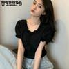 WTEMPO Vintage V-neck Solid Cropped Tops Girl's Sweet Folds T-Shirts Summer Short Puff Sleeve Black White Tee Women Streetwear