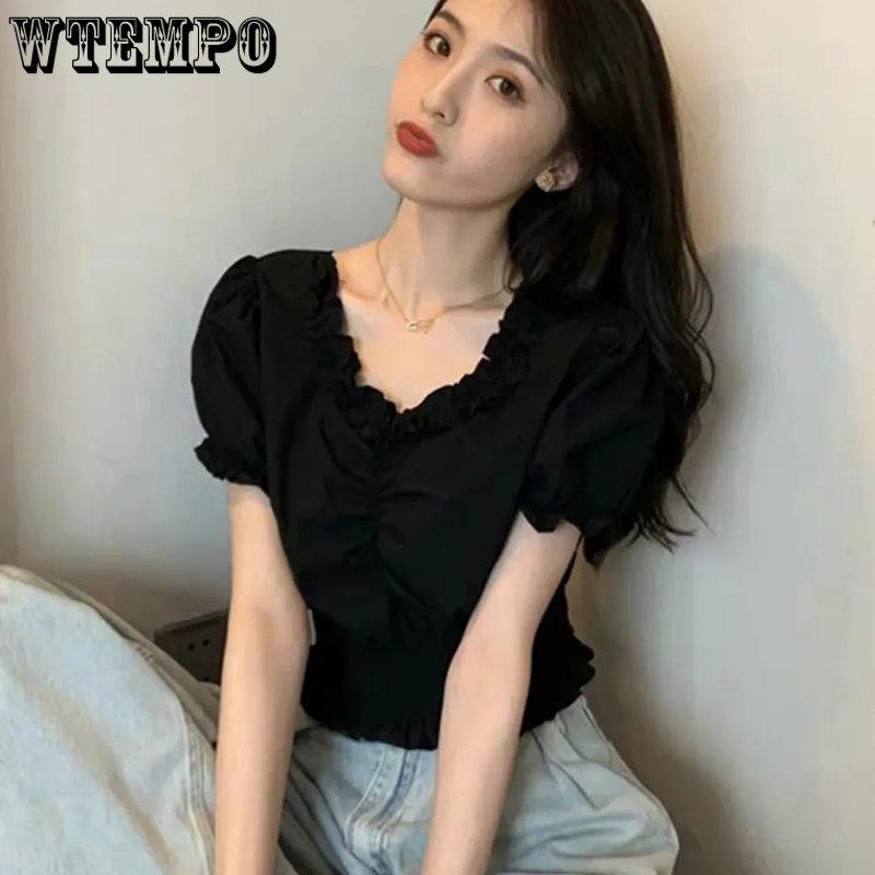 WTEMPO Vintage V-neck Solid Cropped Tops Girl's Sweet Folds T-Shirts Summer Short Puff Sleeve Black White Tee Women Streetwear