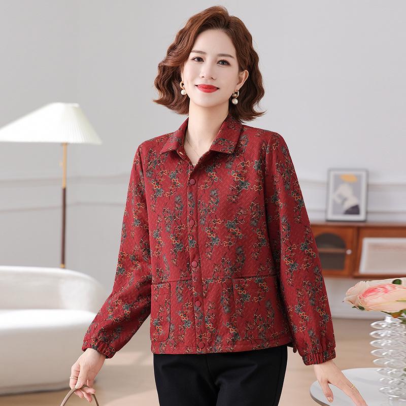 Mom's Autumn Print Zipper Cardigan – 2025 New Loose Lapel Jacket for Middle-Aged and Elderly Women