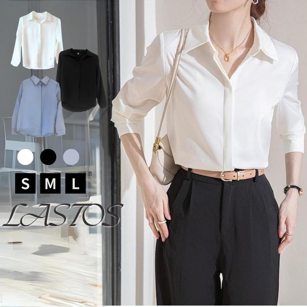 LASTOS Solid Long Sleeve Simple and Loose Fit for Size Women's Top/Blouse, Office/Commuting (White, L)