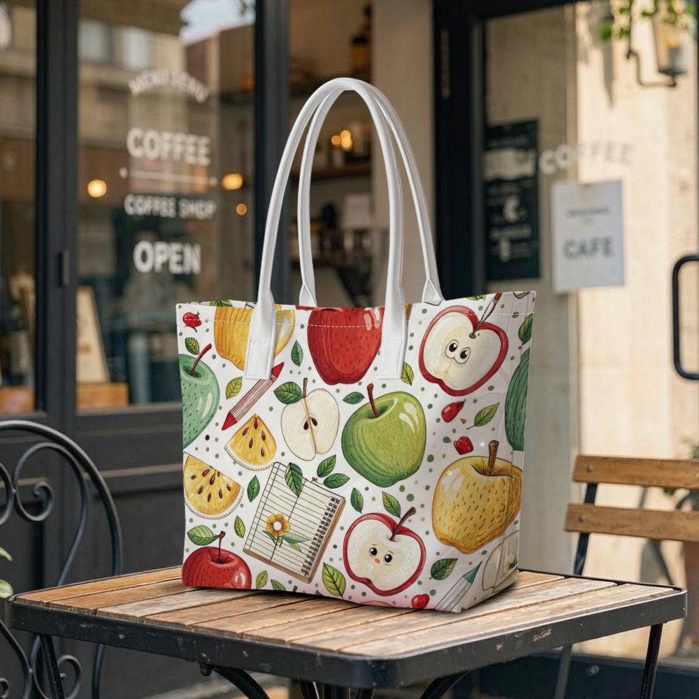 Cute Apple Print Tote Bag for Daily Shopping Carry Shoulder Bag Fashion Casual Handbag