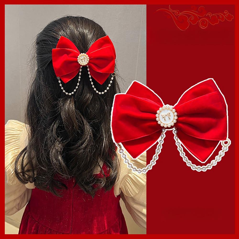 Headwear Red Bow Hair Clips Jewelry Tassels Pearl Barrettes Ribbon Hairpin  Hair Styling Accessory