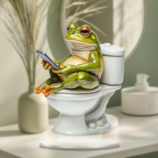 Frosch auf Toilette Acryl-Dekoration, 2D Lustige Badezimmerregal-Figur, Niedliche Zusammengebaute Statue für Schreibtisch Wohnzimmer Büro, Humorvolles Geschenk für Freunde